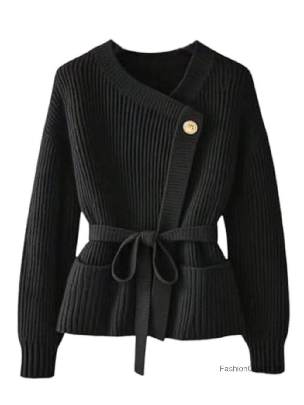 Women's Ribbed Knit Cardigan Long Sleeve Asymmetrical Belted Sweater